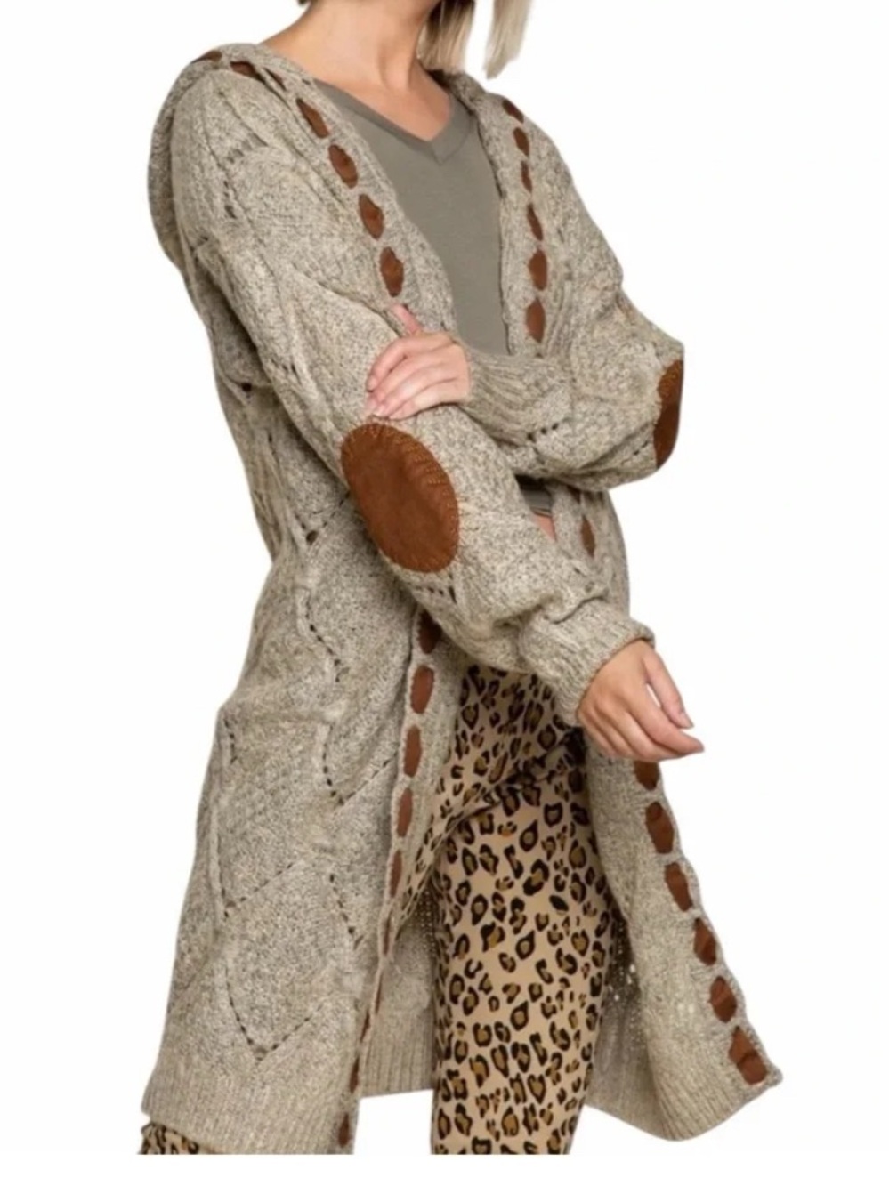 POL Gray Chunky Knit Open Cardigan Sweater with Brown Trim, size Large